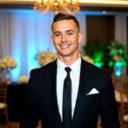 A stylish and confident groom with a sleek skinhead hairstyle, wearing a sharp black suit with a white dress shirt and a sleek black tie