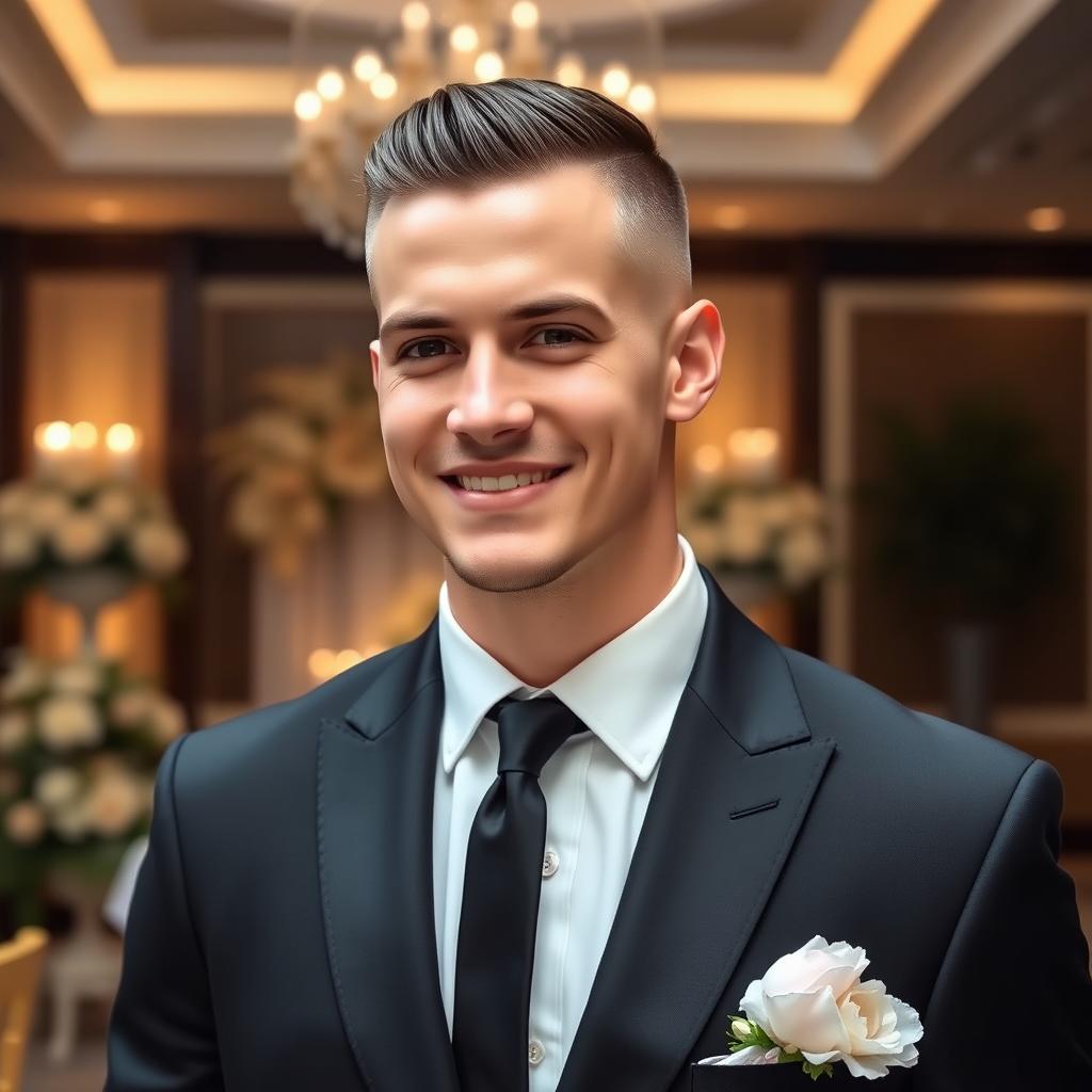 A stylish and confident groom with a sleek skinhead hairstyle, wearing a sharp black suit with a white dress shirt and a sleek black tie