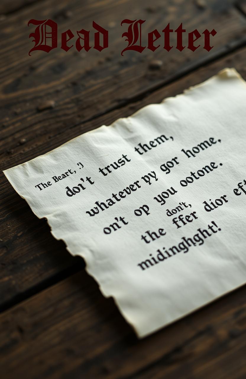 A close-up shot of an aged, open letter lying on an old wooden table, the letter features the ominous text "don't trust them, don't go home