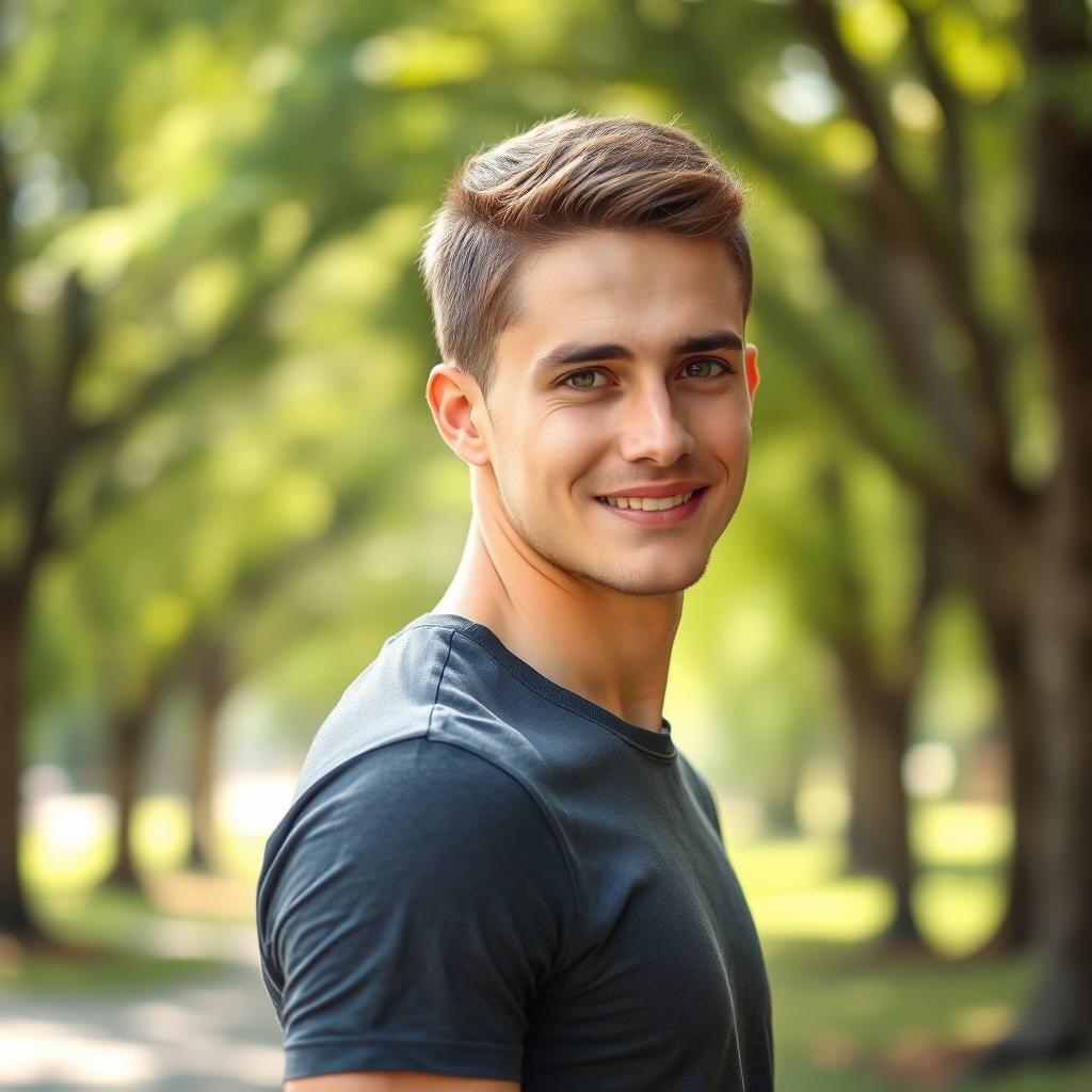 A portrait of a young adult male with simple, natural short hair, standing in a relaxed pose with a soft smile