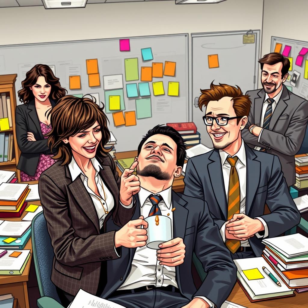A funny and chaotic office scene at a fast-paced publishing company