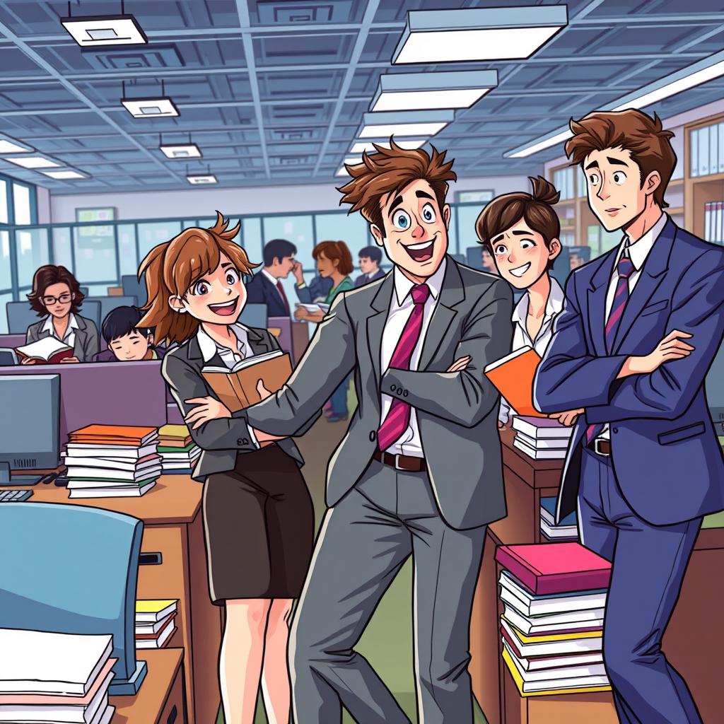 A vibrant office scene at a fast-paced publishing company, featuring a clumsy but lovable junior editor with messy hair and a warm smile, awkwardly bumping into her perfectionist boss, who is sharply dressed and looking surprised