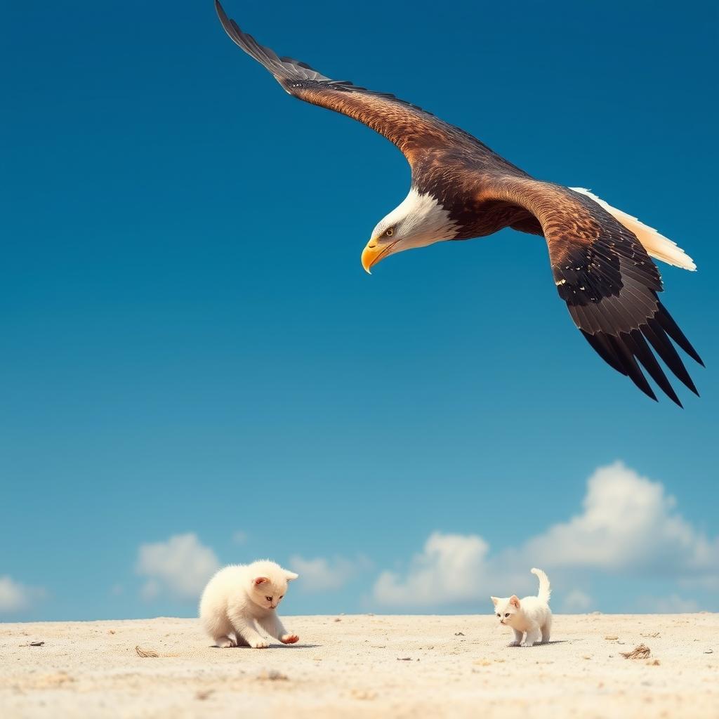 A dramatic scene where a large eagle is soaring high in the sky, spotting a small white kitten playing on the ground