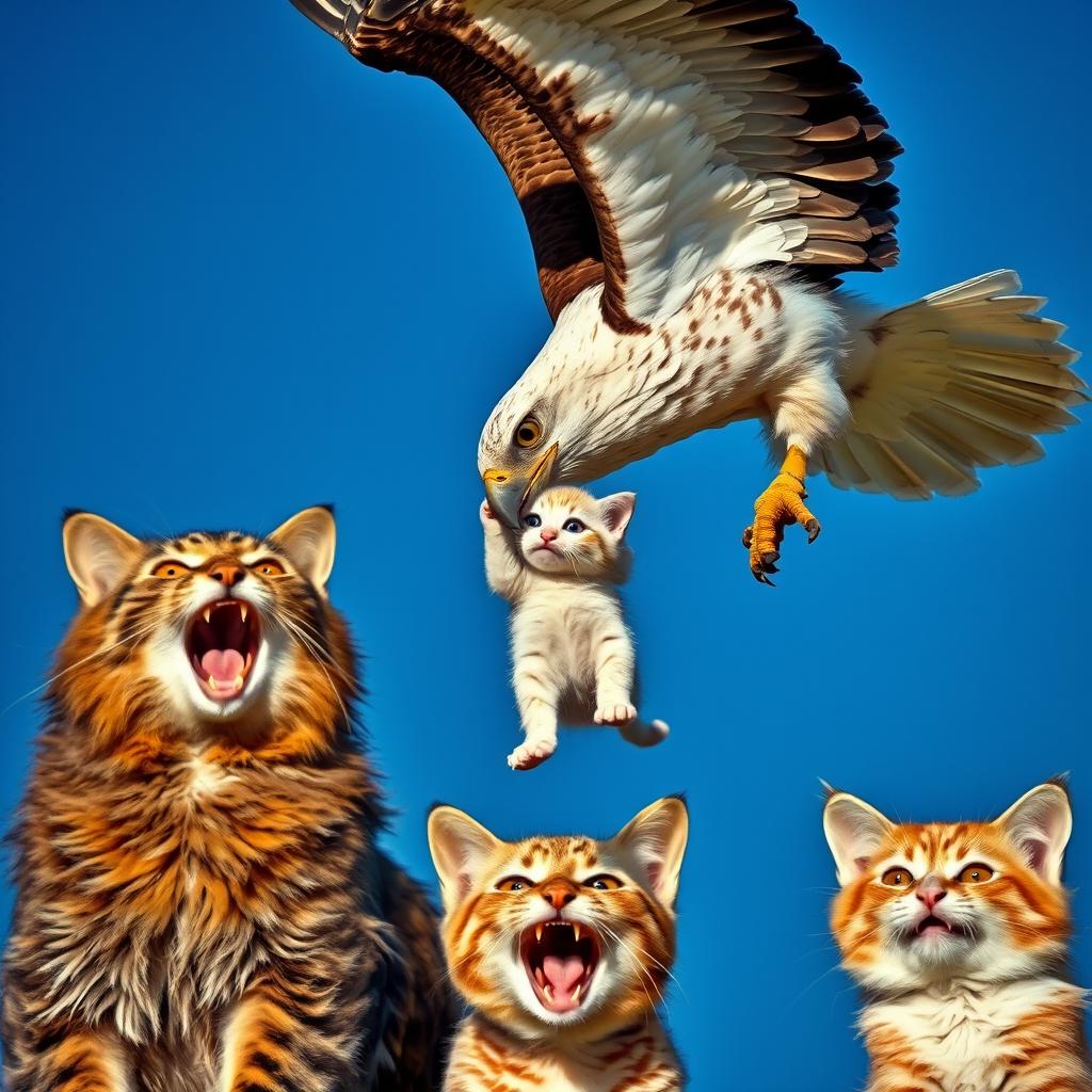 A tense and dramatic moment where a large eagle swoops down and grabs a white kitten in its powerful claws