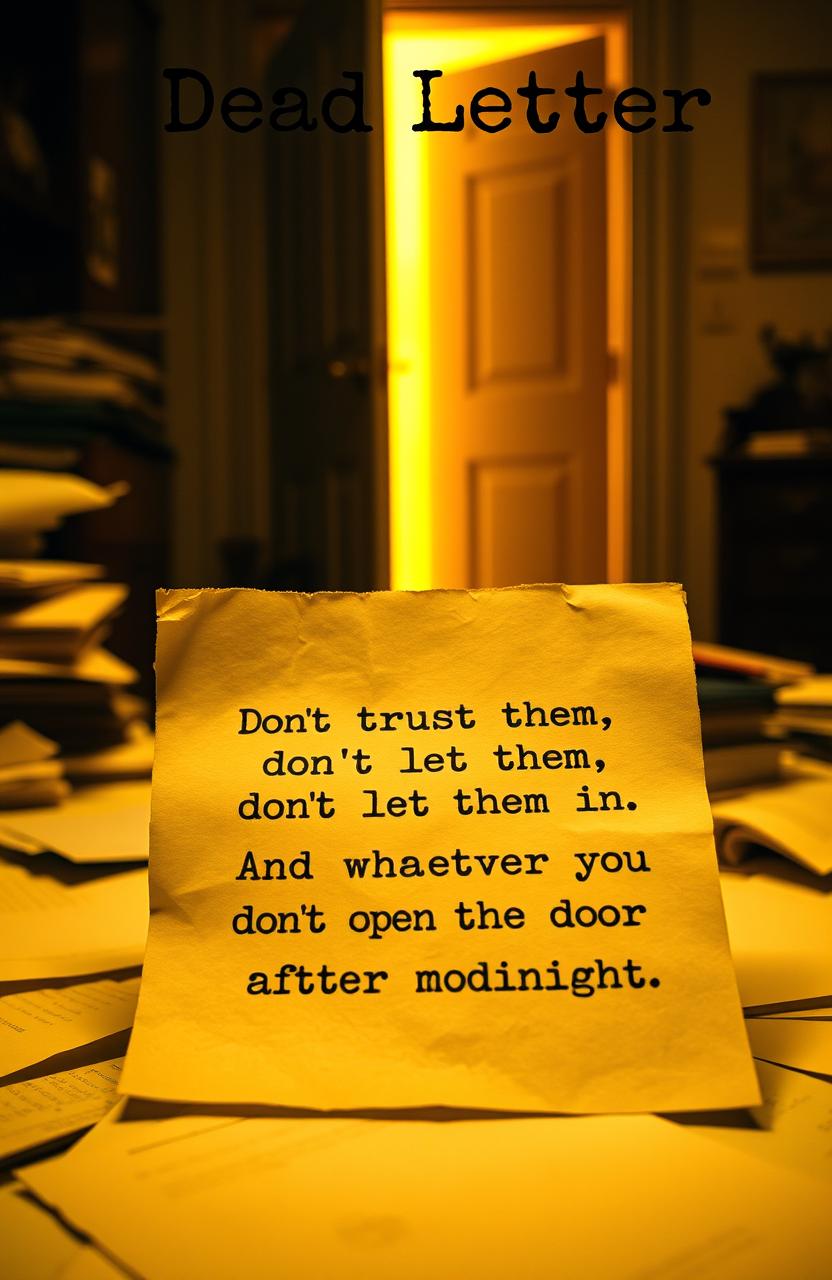 A semi-old letter on a cluttered desk with scattered papers around it, glowing yellow light surrounding it