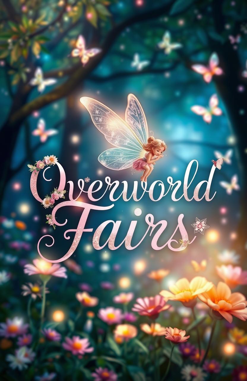 A whimsical book cover design featuring a magical fairy theme, showcasing a beautiful enchanted forest filled with sparkling lights and ethereal butterflies