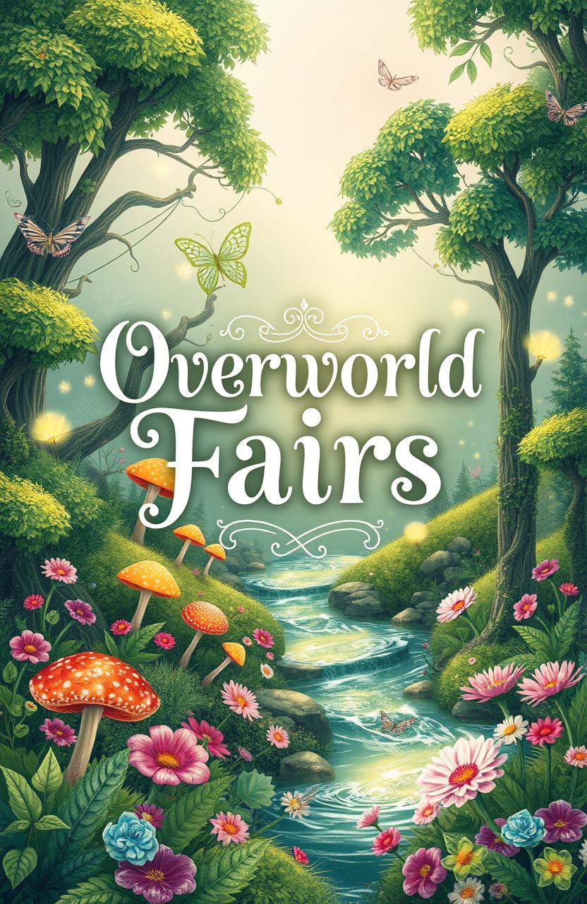 A whimsical book cover design featuring an enchanting fantasy landscape with lush green forests, sparkling water streams, and vibrant flowers