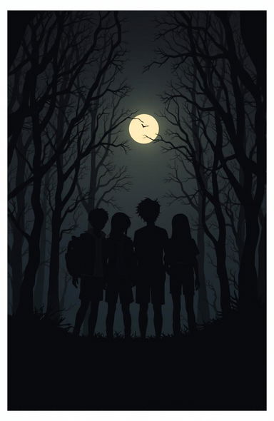 A dark themed forest scene illuminated by a faint moonlight, showcasing the silhouettes of four teenagers standing together amidst the eerie trees