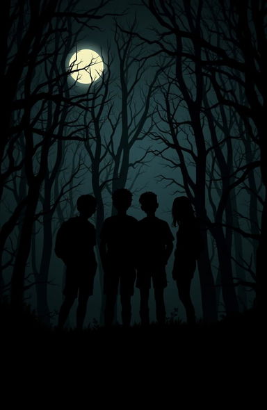 A dark themed forest scene illuminated by a faint moonlight, showcasing the silhouettes of four teenagers standing together amidst the eerie trees