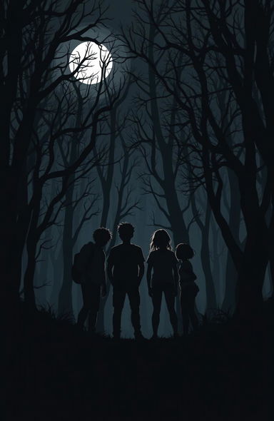 A dark themed forest scene illuminated by a faint moonlight, showcasing the silhouettes of four teenagers standing together amidst the eerie trees