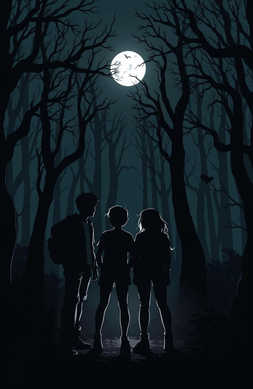 A dark themed forest scene illuminated by a faint moonlight, showcasing the silhouettes of four teenagers standing together amidst the eerie trees