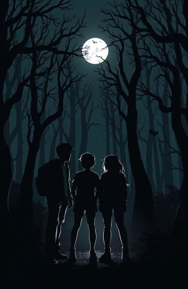A dark themed forest scene illuminated by a faint moonlight, showcasing the silhouettes of four teenagers standing together amidst the eerie trees