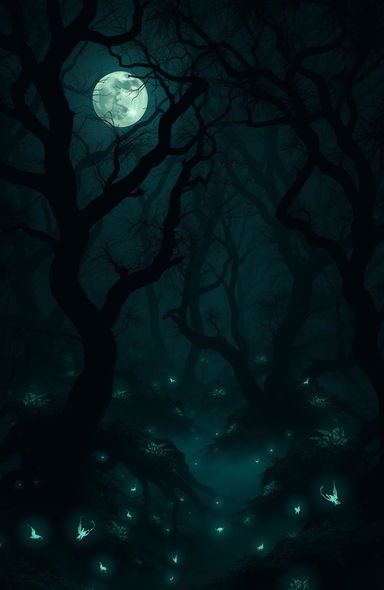 A dark, mystical forest scene, with twisted trees and dense foliage, illuminated only by the faint glow of bioluminescent plants