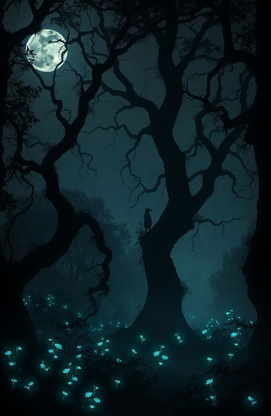 A dark, mystical forest scene, with twisted trees and dense foliage, illuminated only by the faint glow of bioluminescent plants
