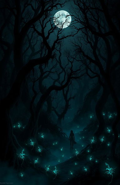 A dark, mystical forest scene, with twisted trees and dense foliage, illuminated only by the faint glow of bioluminescent plants