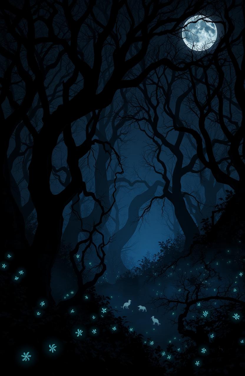 A dark, mystical forest scene, with twisted trees and dense foliage, illuminated only by the faint glow of bioluminescent plants