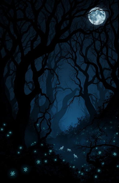 A dark, mystical forest scene, with twisted trees and dense foliage, illuminated only by the faint glow of bioluminescent plants
