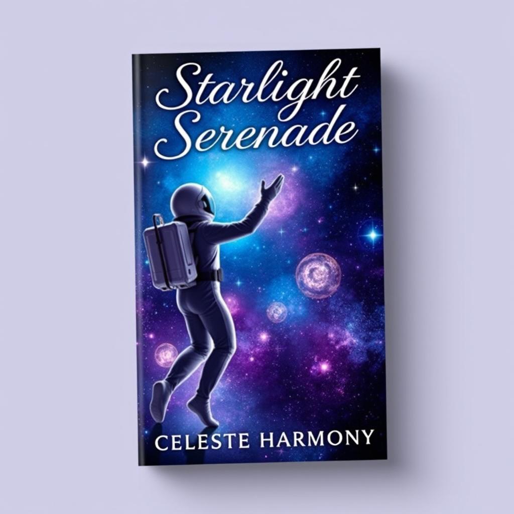 A book cover design for 'Starlight Serenade' by Celeste Harmony, featuring two astronauts in sleek, futuristic space suits, gracefully dancing among a breathtaking backdrop of twinkling stars and nebulae