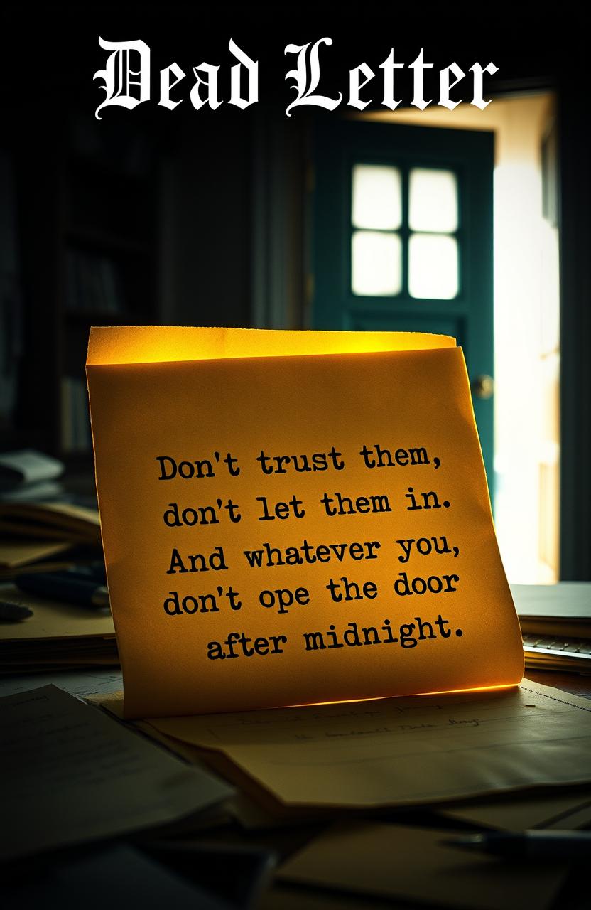 A semi-old letter resting on a cluttered desk filled with scattered papers, the letter prominently displays a warning: "Don't trust them, don't let them in