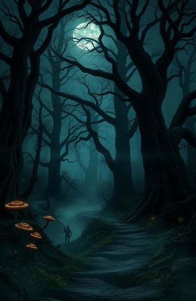A dark forest theme featuring towering ancient trees with gnarled branches, thick mist enveloping the ground, and faint moonlight filtering through the dense canopy