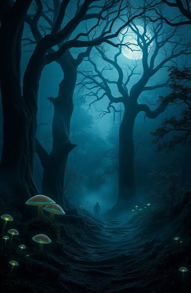 A dark forest theme featuring towering ancient trees with gnarled branches, thick mist enveloping the ground, and faint moonlight filtering through the dense canopy