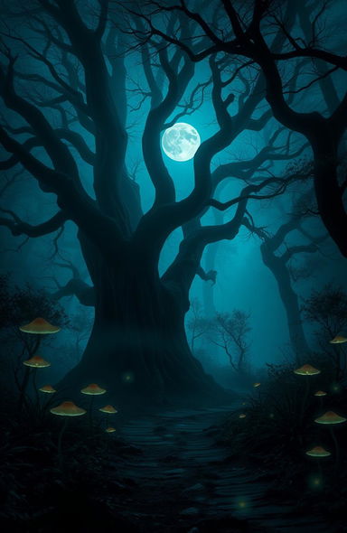 A dark forest theme featuring towering ancient trees with gnarled branches, thick mist enveloping the ground, and faint moonlight filtering through the dense canopy