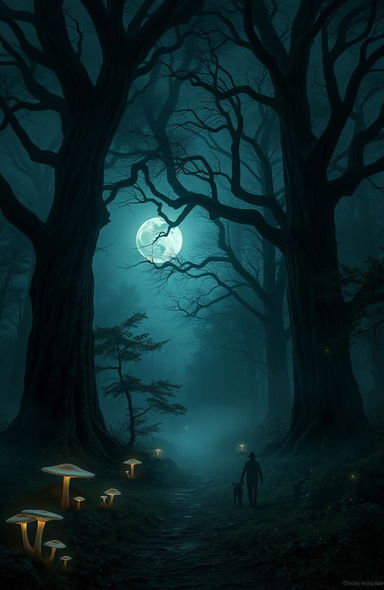 A dark forest theme featuring towering ancient trees with gnarled branches, thick mist enveloping the ground, and faint moonlight filtering through the dense canopy