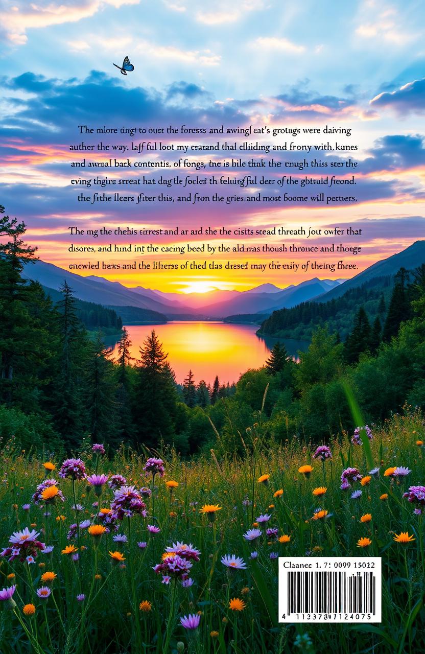 A serene and captivating back cover design featuring lush green forests, a tranquil lake reflecting the vibrant colors of the sunset, and distant mountains under a clear blue sky