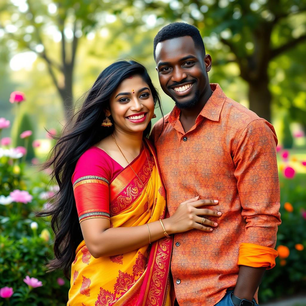 A beautiful Indian woman and a charismatic Black man sharing a joyful moment together