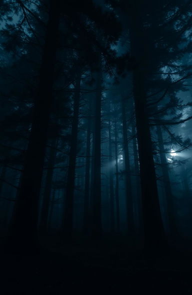 A dark and mysterious forest with towering, shadowy trees, dense fog swirling around the ground, and faint beams of moonlight filtering through the branches