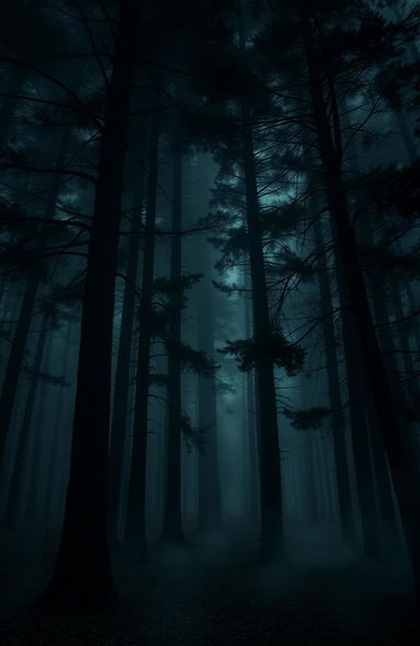 A dark and mysterious forest with towering, shadowy trees, dense fog swirling around the ground, and faint beams of moonlight filtering through the branches