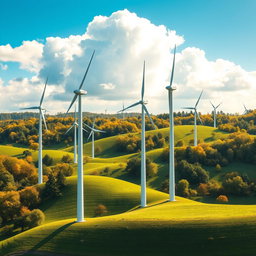 Design of modern wind turbines set against a picturesque natural backdrop