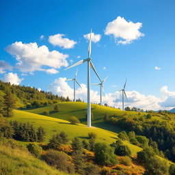 Design of modern wind turbines set against a picturesque natural backdrop