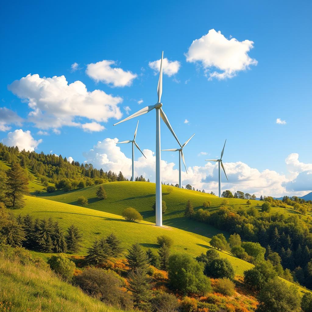 Design of modern wind turbines set against a picturesque natural backdrop