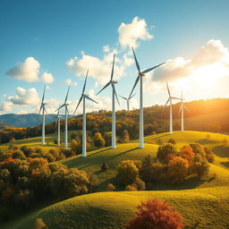 Design of modern wind turbines set against a picturesque natural backdrop