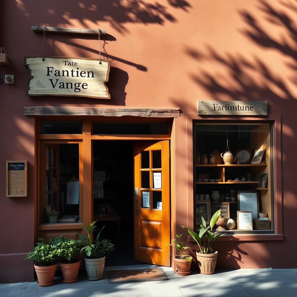 A cozy exterior view of a small store featuring a rich brown wall, adorned with rustic wooden accents and vintage signage