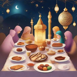 Generate an image encapsulating the spirit of Ramadan, featuring traditional Islamic symbols, twinkling starry skies, crescent moons, festive lanterns, and families breaking their fast together at an opulent laid table.