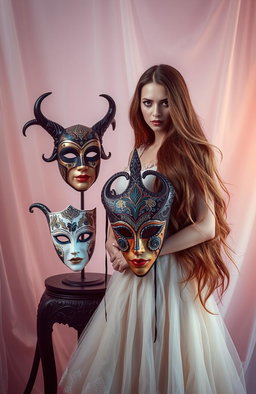 A captivating scene featuring four distinct masks displayed artistically in a creative arrangement, along with a mysterious woman standing next to them