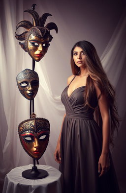 A captivating scene featuring four distinct masks displayed artistically in a creative arrangement, along with a mysterious woman standing next to them