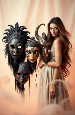 A captivating scene featuring four distinct masks displayed artistically in a creative arrangement, along with a mysterious woman standing next to them