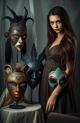 A captivating scene featuring four distinct masks displayed artistically in a creative arrangement, along with a mysterious woman standing next to them