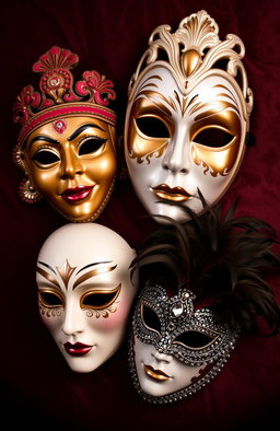 Four masks: two are traditional ornate designs representing different cultures, one is a sleek modern mask with a shiny finish, and the last one is a mysterious, intricately decorated woman's mask with feathers and jewels