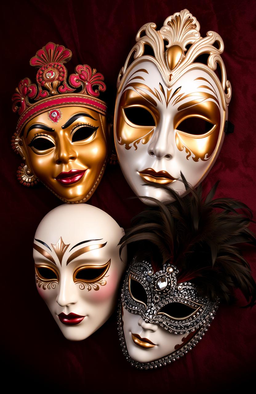 Four masks: two are traditional ornate designs representing different cultures, one is a sleek modern mask with a shiny finish, and the last one is a mysterious, intricately decorated woman's mask with feathers and jewels