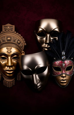 Four masks: two are traditional ornate designs representing different cultures, one is a sleek modern mask with a shiny finish, and the last one is a mysterious, intricately decorated woman's mask with feathers and jewels