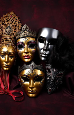 Four masks: two are traditional ornate designs representing different cultures, one is a sleek modern mask with a shiny finish, and the last one is a mysterious, intricately decorated woman's mask with feathers and jewels