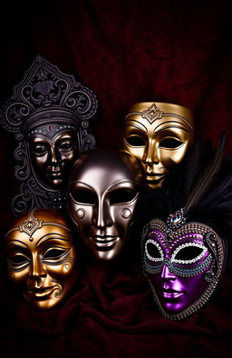 Four masks: two are traditional ornate designs representing different cultures, one is a sleek modern mask with a shiny finish, and the last one is a mysterious, intricately decorated woman's mask with feathers and jewels