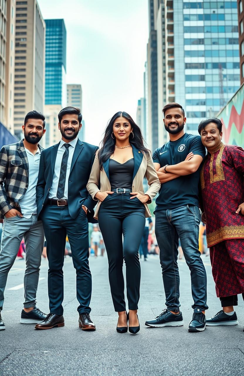 A dynamic scene featuring four men and one woman, each person portraying distinct personalities and styles