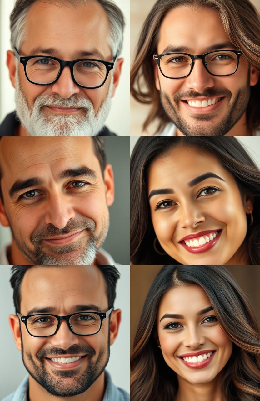 A composition featuring four male faces and one female face, showcasing diverse ethnicities and expressions