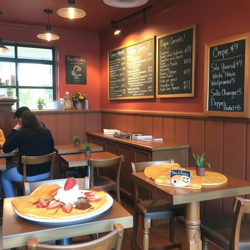 An inviting crepe store interior featuring rich brown walls, cozy and warm lighting