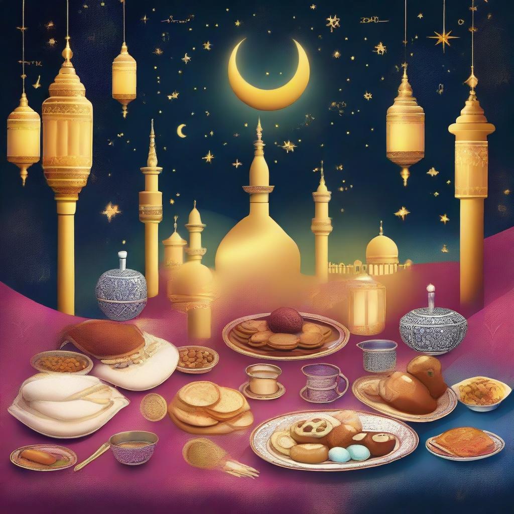 Generate an image encapsulating the spirit of Ramadan, featuring traditional Islamic symbols, twinkling starry skies, crescent moons, festive lanterns, and families breaking their fast together at an opulent laid table.